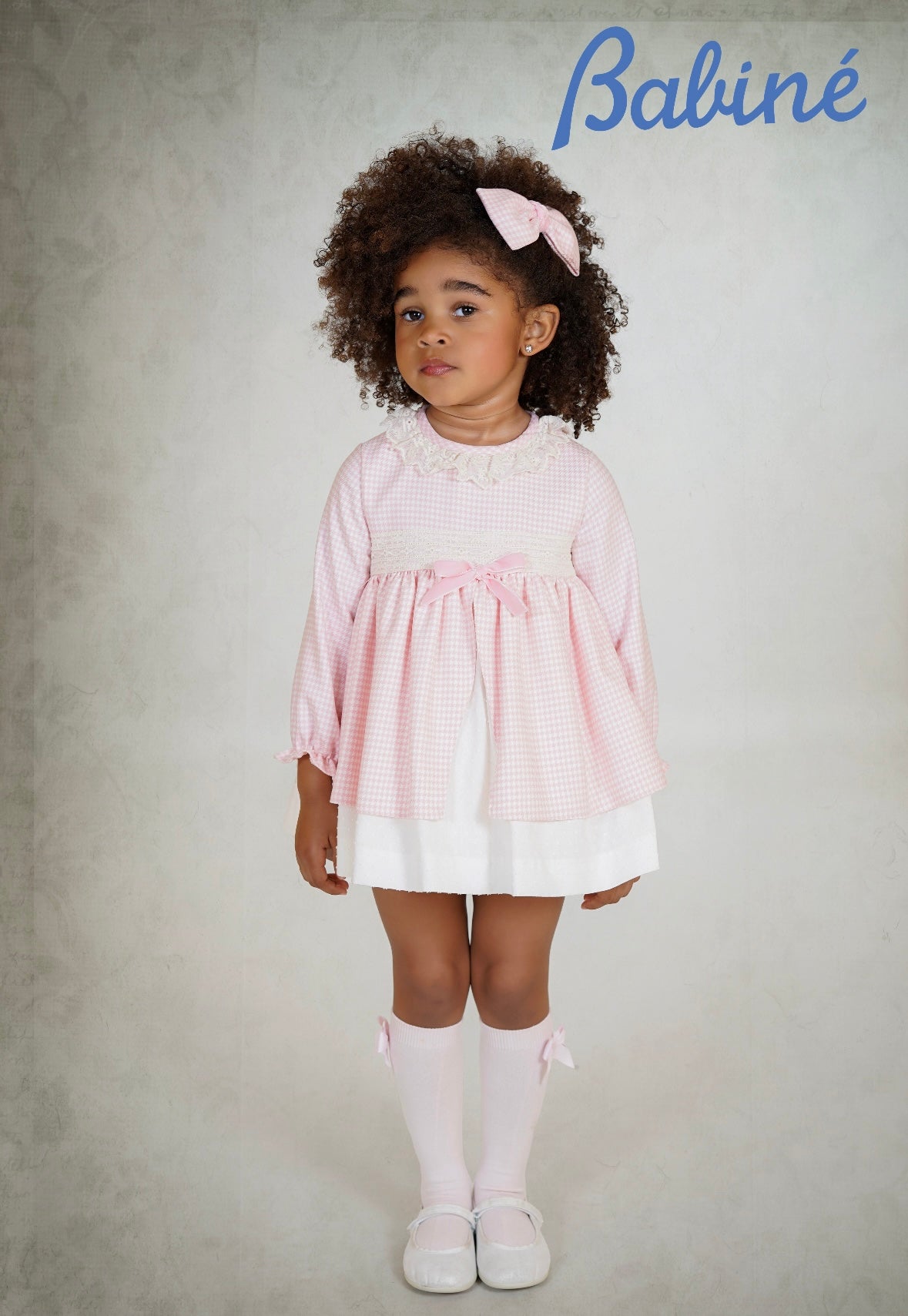 Babine girls A/W dogtooth dress in pink & white