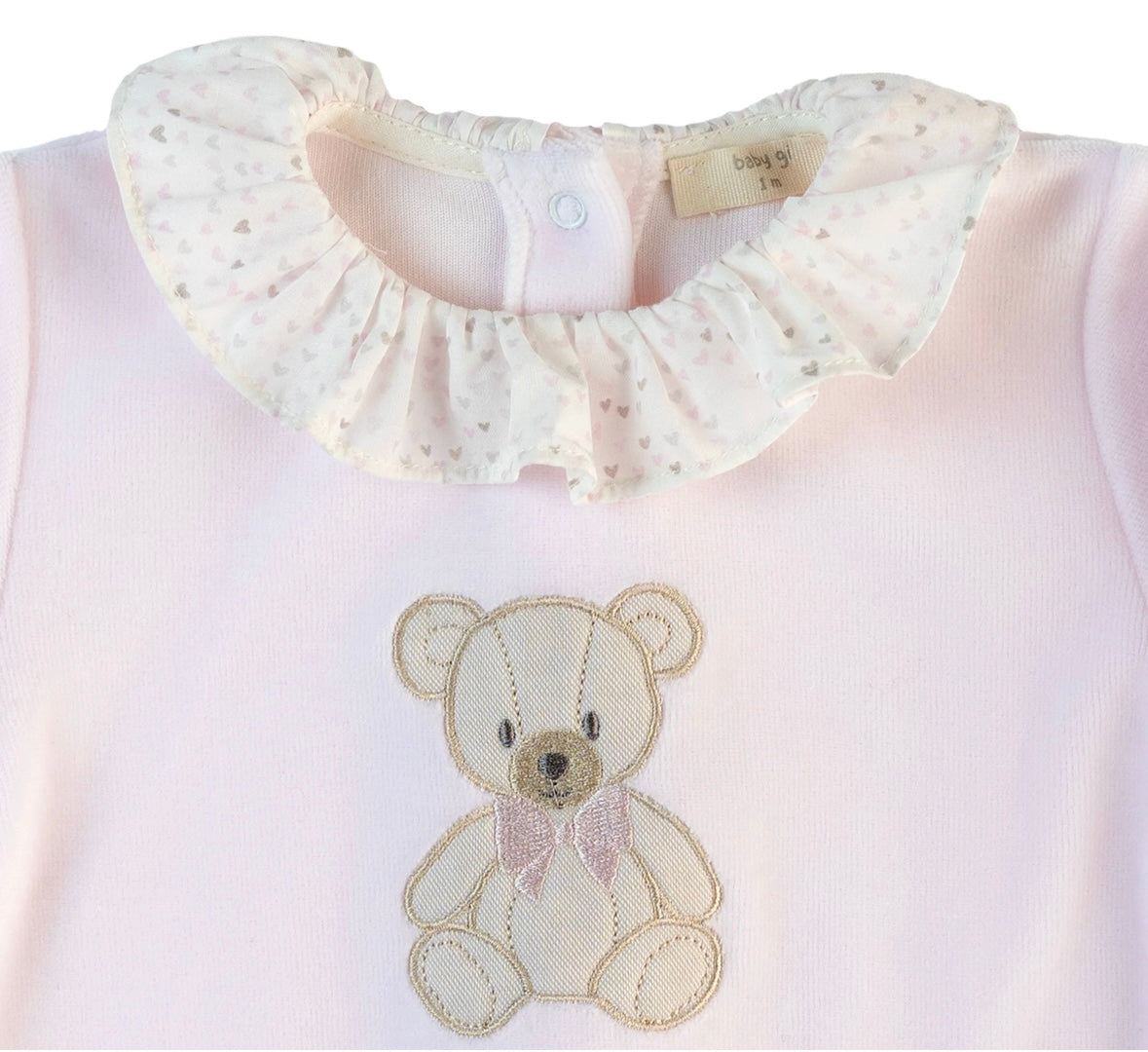 Baby Gi velour teddy Babygrow in pink