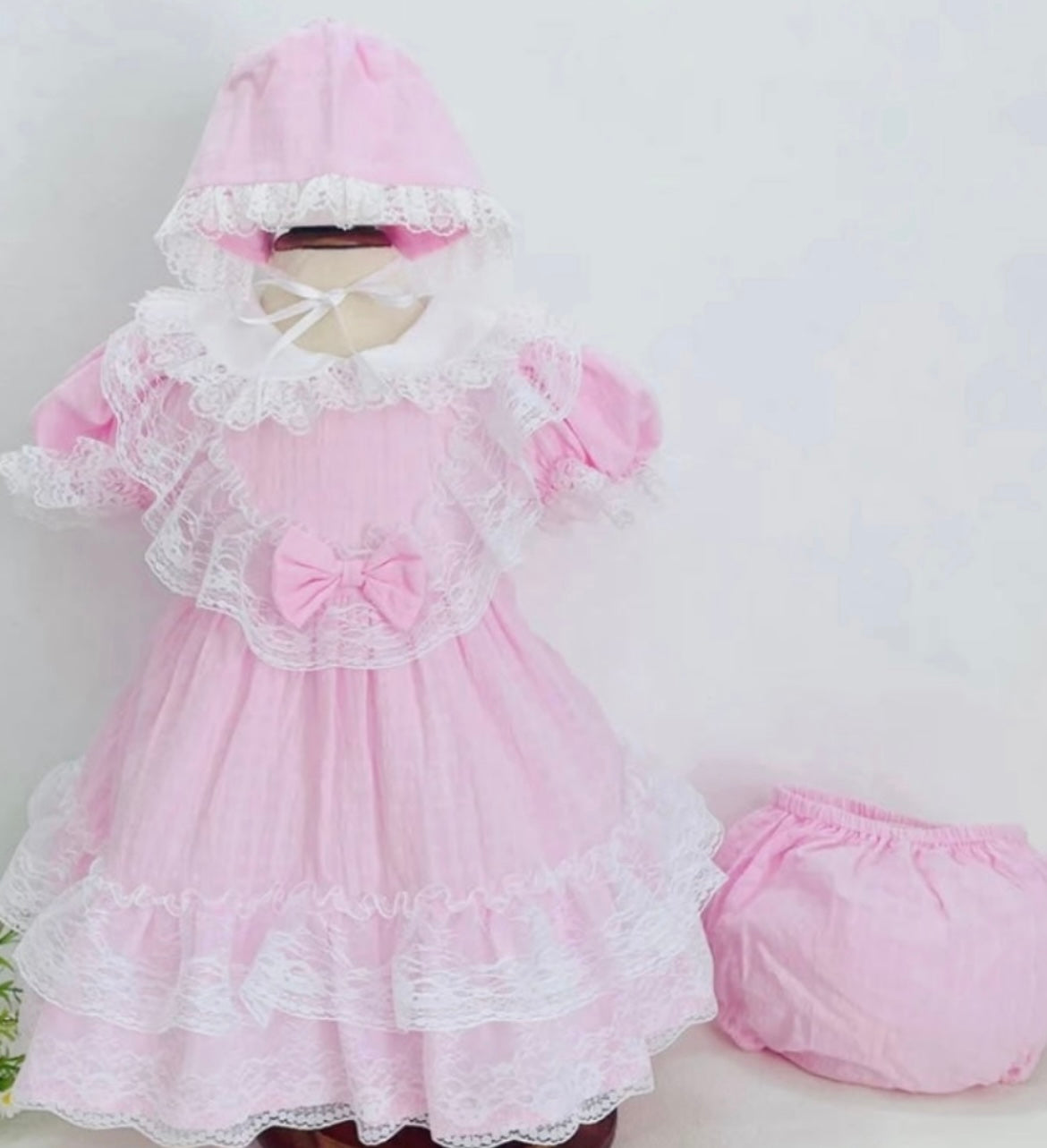 Girls pink dress set with pants bonnet hair bow (really generous fit)