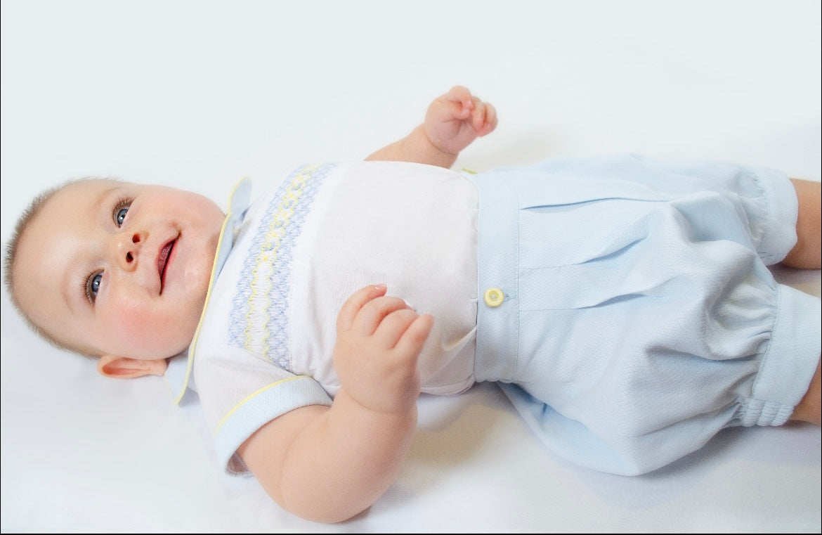 Pretty originals boys white and pale blue smocked short set