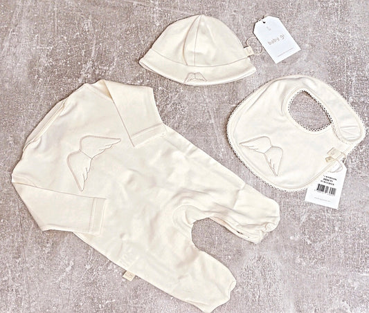 Baby gi Beige cotton angel wings set (babygrow, bib and hat)