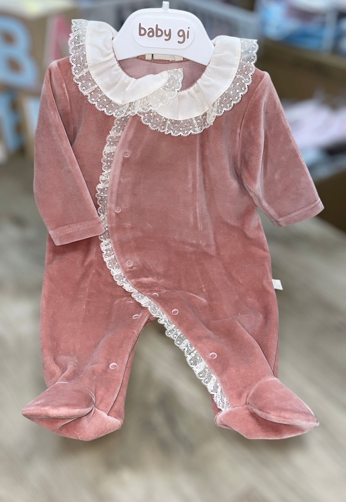 Baby Gi lace Babygrow in old rose