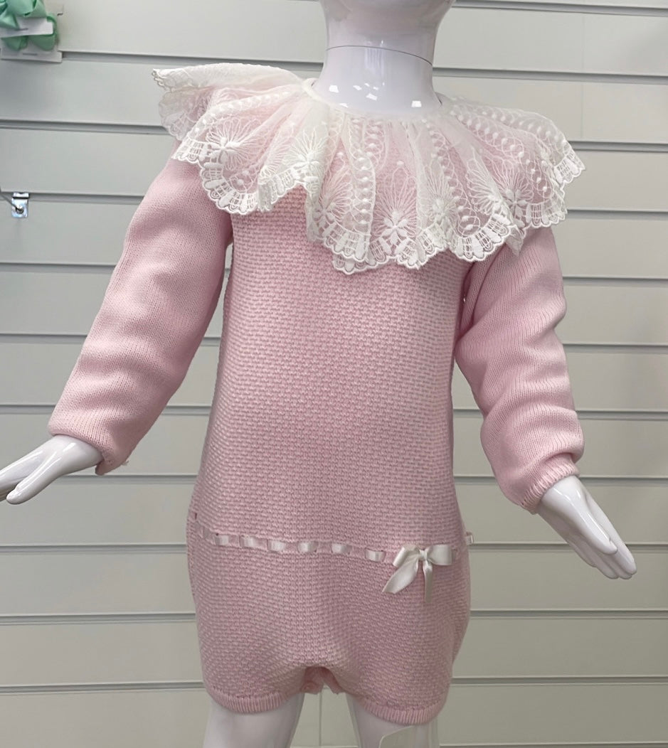 Artesania Granlei pink romper with lace collar detail