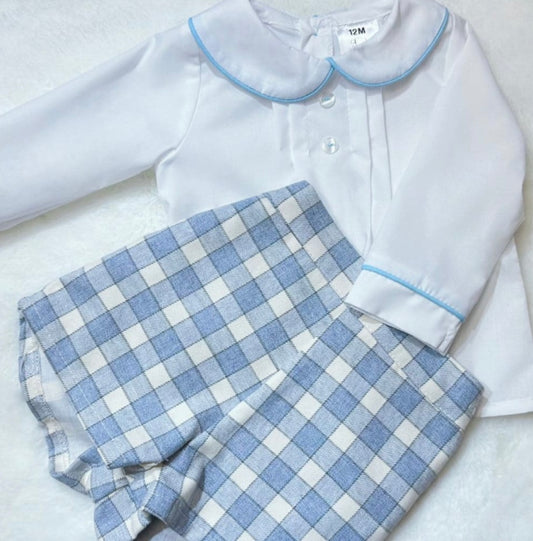 Boys blue tartan shorts with shirt