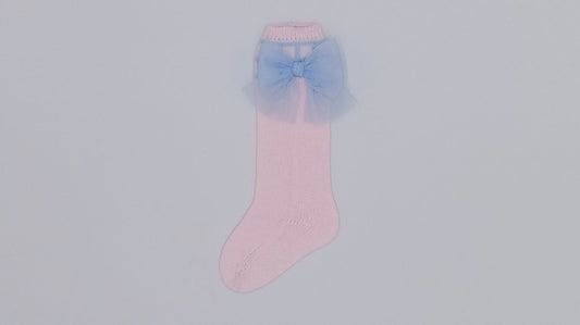 Rahigo socks with tull bow in baby pink/baby blue