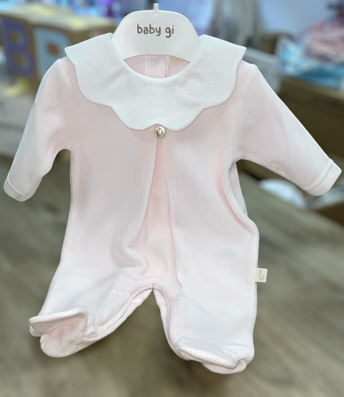 Baby Gi pink velour with white scalloped collar all in one