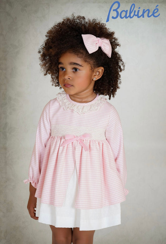 Babine girls A/W dogtooth dress in pink & white