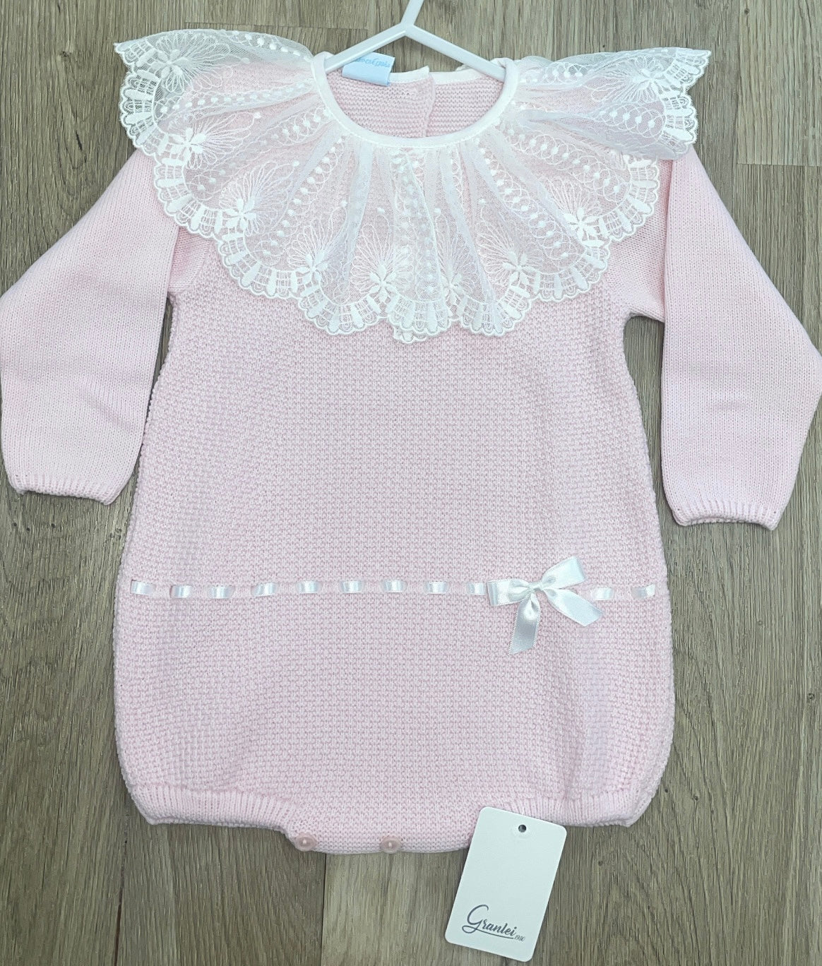 Artesania Granlei pink romper with lace collar detail