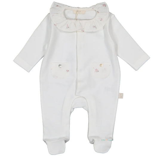 Baby Gi ivory/pink velour birdie babygrow