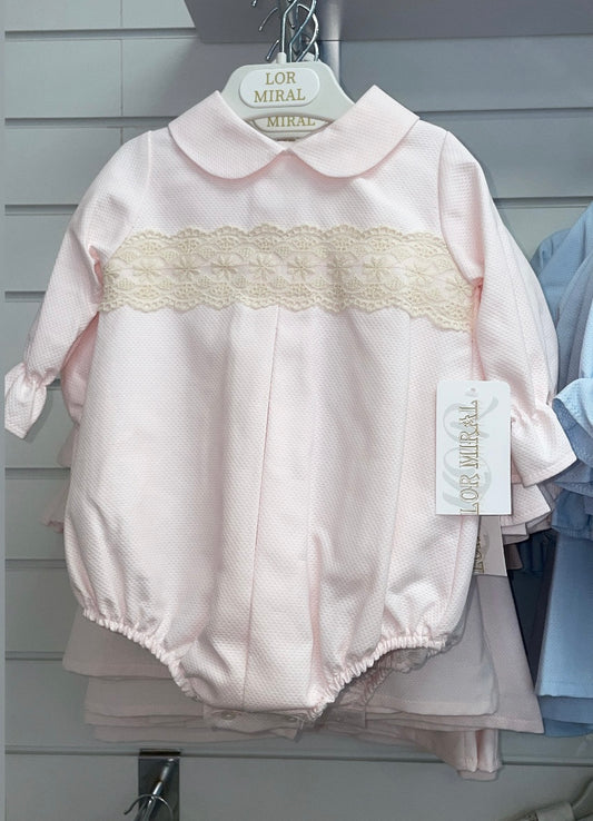 LorMiral romper pink with cream lace detail