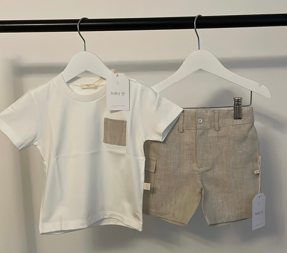 Boys white and beige baby gi short set