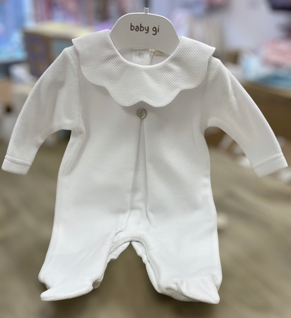 Baby Gi velour white scalloped collar babygrow