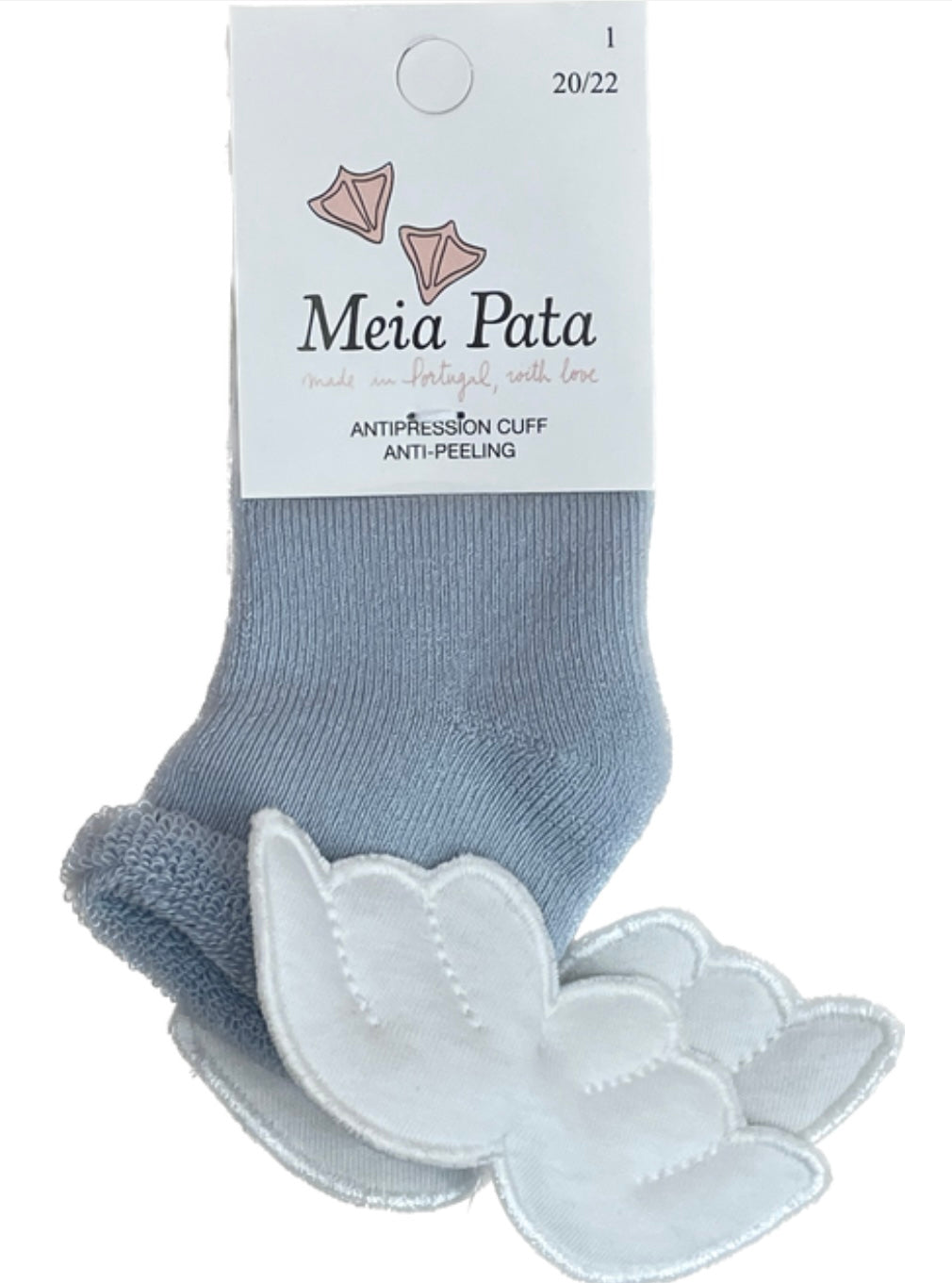 Meia pata wings booties in blue with white wings