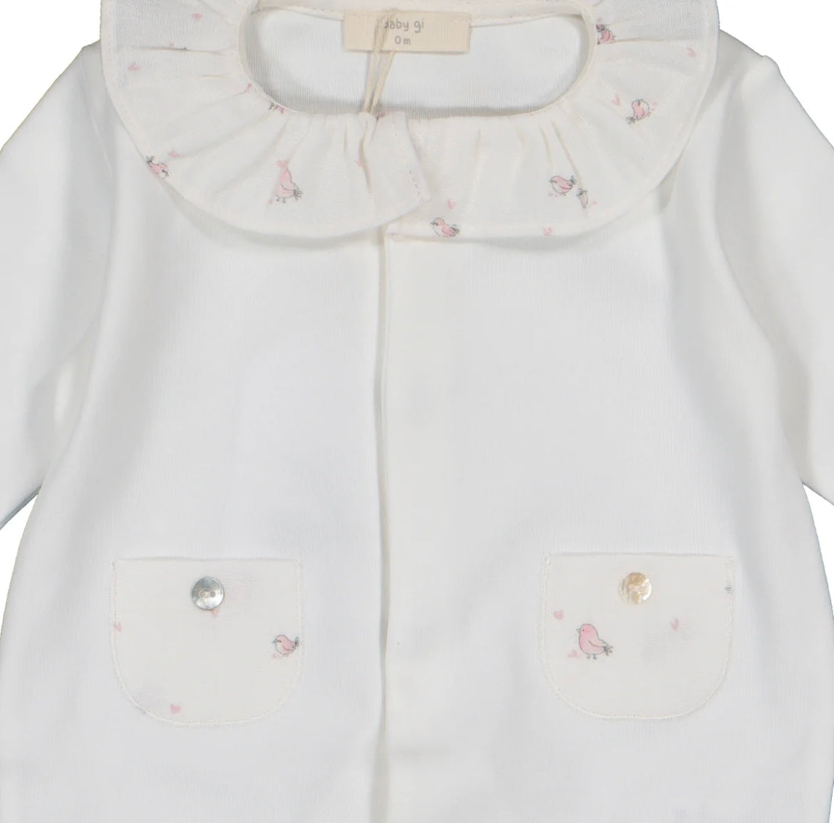 Baby Gi ivory/pink velour birdie babygrow