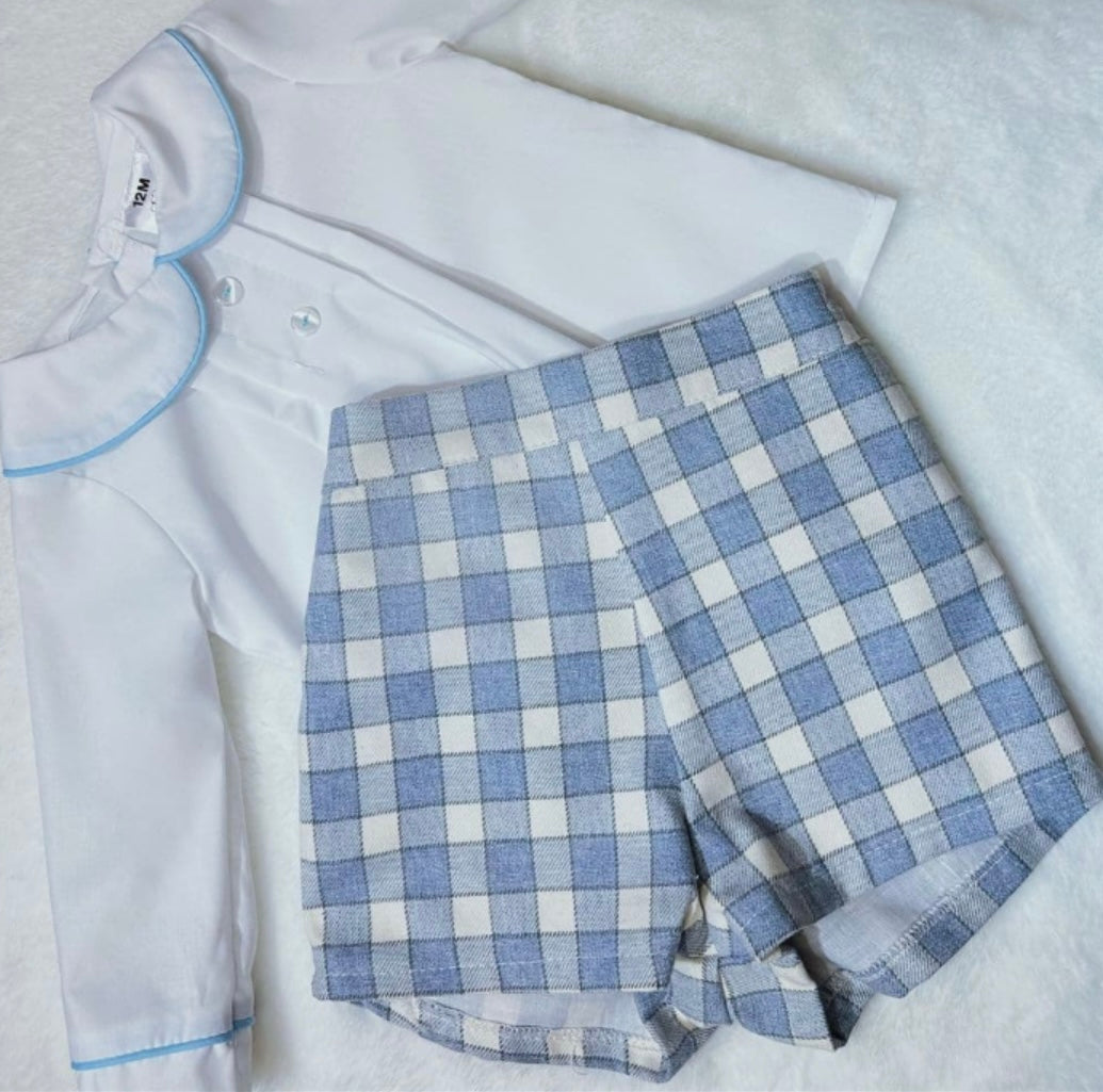 Boys blue tartan shorts with shirt