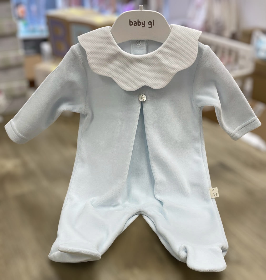 Baby Gi blue velour with white scalloped collar