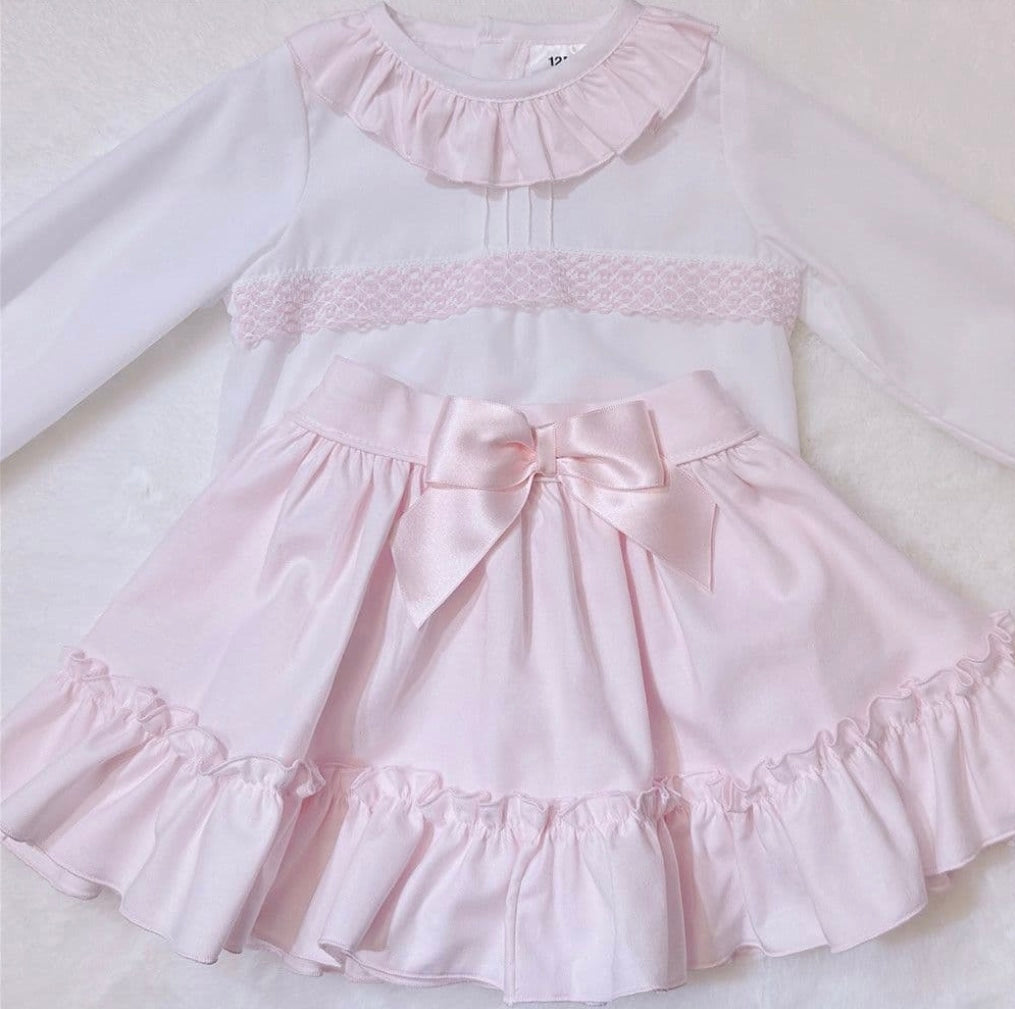 Wee me girls pink cotton blouse with skirt