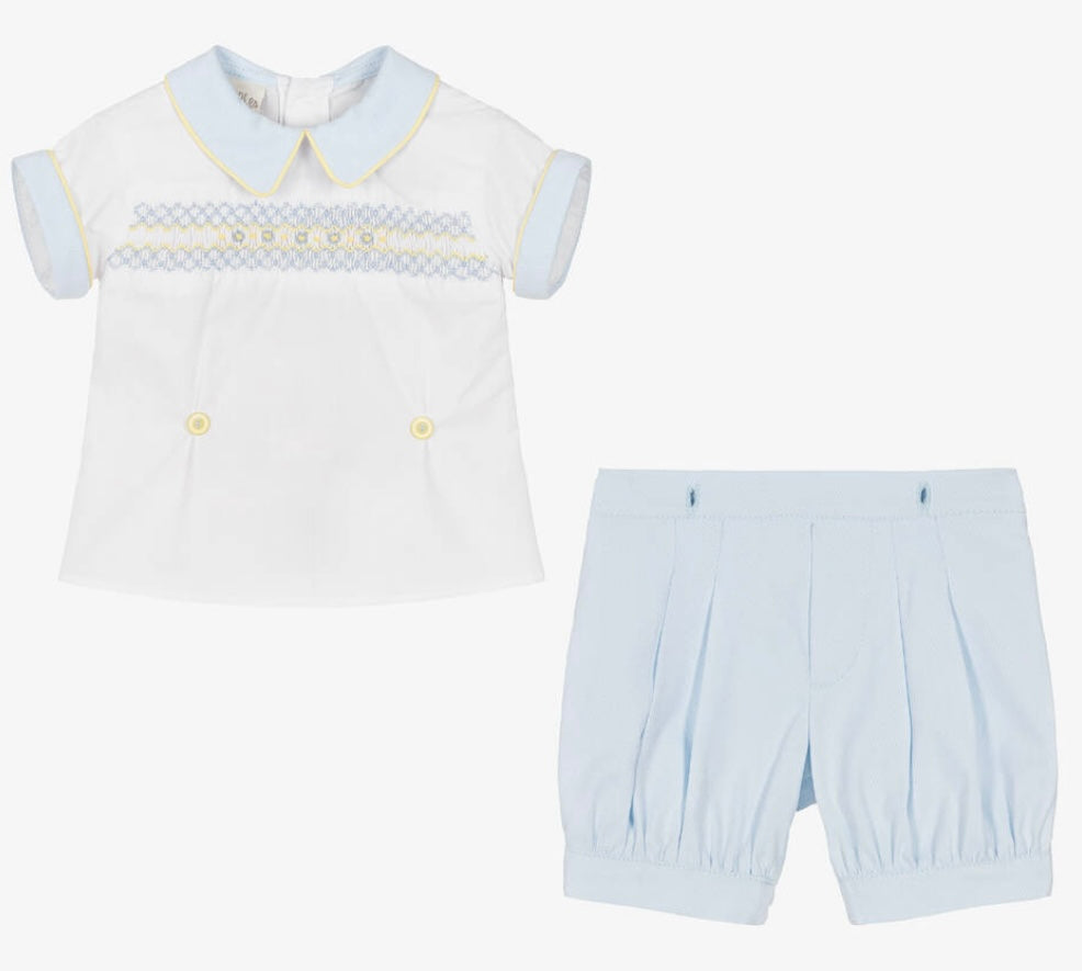 Pretty originals boys white and pale blue smocked short set