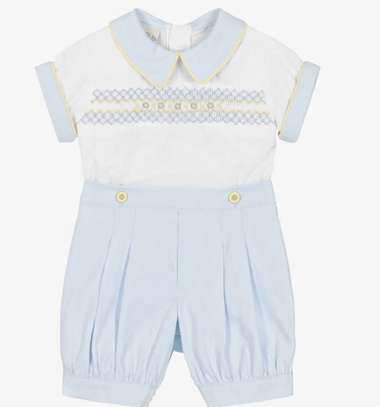 Pretty originals boys white and pale blue smocked short set